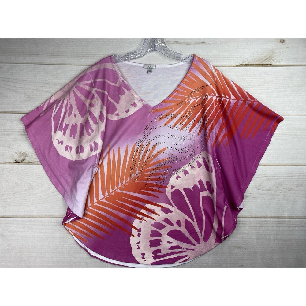 Cache Top Womens M Pink Orange Floral Butterfly Doman Studded V Neck Y2K Vtg